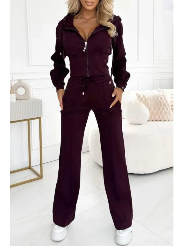 Autumn And Winter Hooded Zipper Jacket Tight Solid Color Two-piece Sets Women Fashion Casual New Wide Leg Pants 2 Piece Set