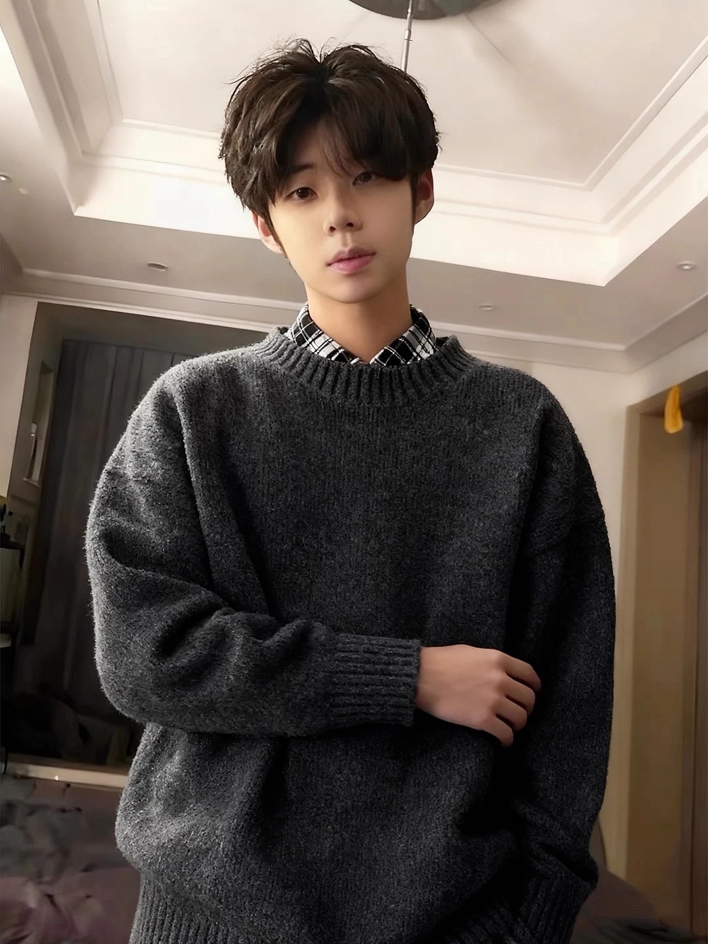 Deep ey Fce Lined Thiened round Ne Knitwear Men's Autumn Winter Casual Sle Inner Wear Base Layer Korean Lazy Sle