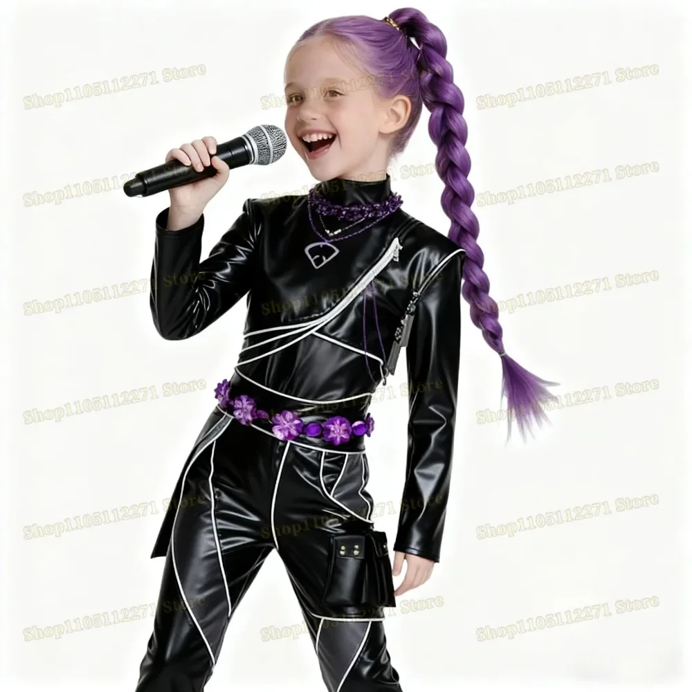 

Kpop Demons Hunters Rumi Cosplay Costume Halloween Party Huntrix ​​ for Child Adult Black Leather Bodysuit Cosplay