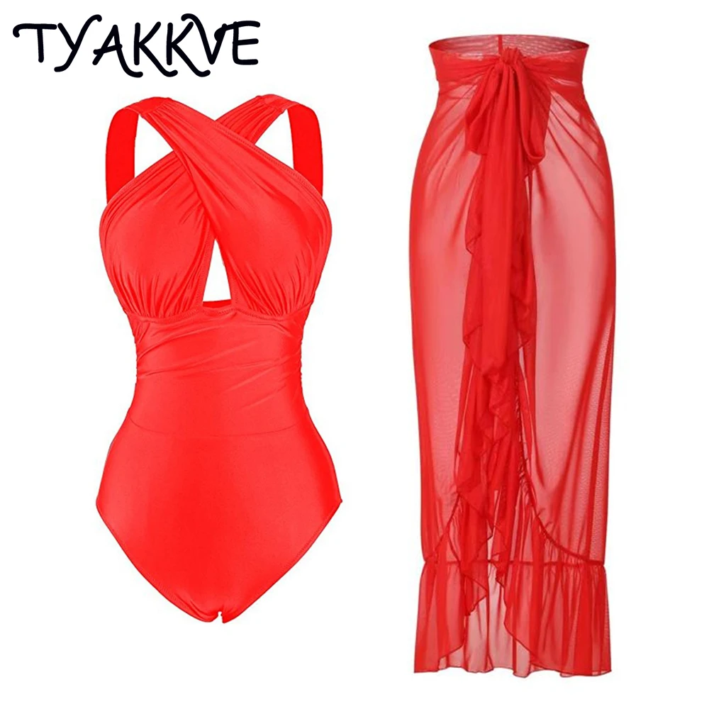 

TYAKKVE 2024 Women Swimwear Vinatge One Piece Swimsuit Bikini Sexy Halter Tankini Red Solid Bathing Suit Dress Beach Cover Up