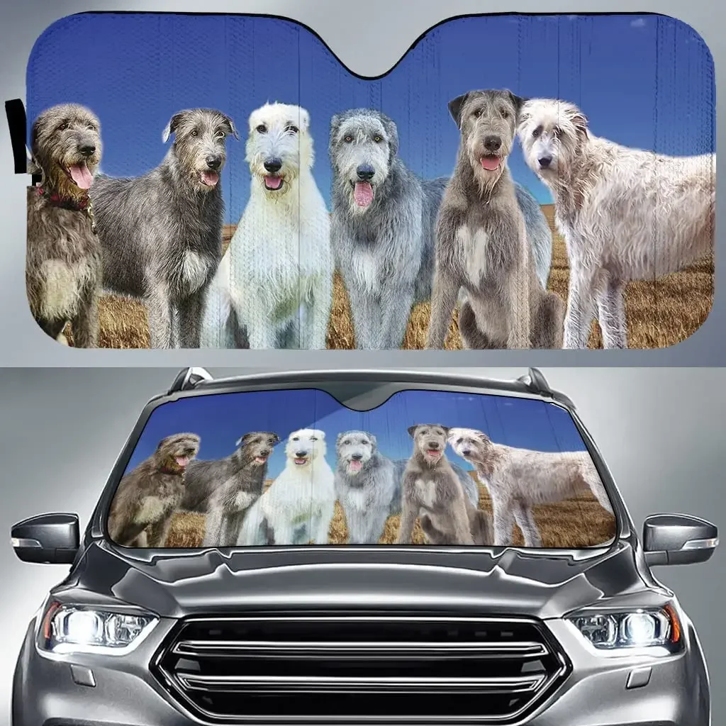 Funny Irish Wolfhound Dog Family Blue Sky Pattern Car Sunshade, Cute Irish Wolfhound Friends Blue Sky Auto Sun Shade, Gift for I