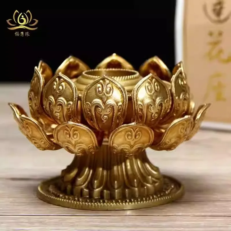Huibao pure copper hand-cranked rotating base, Tibetan-style, double-layer lotus design, 10cm in diameter