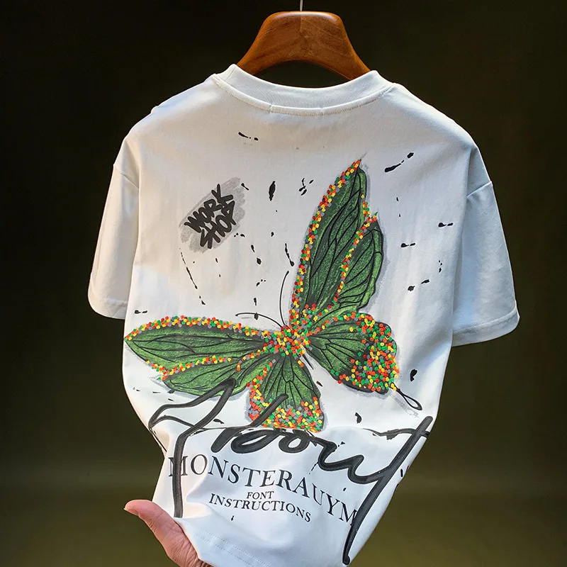 

Colorful short sleeved T-shirt for men's summer fashion trend, butterfly print high-end light luxury loose elastic men's top