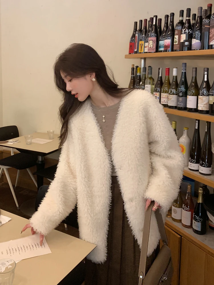 

Women's Fur Coat Lamb Fur Long Medium Length Oversized Coat V-Ne Button up Sle Korean Commute Faion Winter Coat