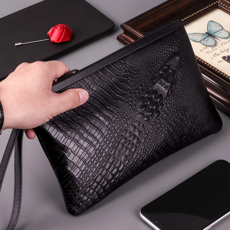 Genuine Top Layer Cowhide Handbag for Men Crocodile Pattern Envelope Sle Luxury Leather Bag Soft Casual Handheld Bag