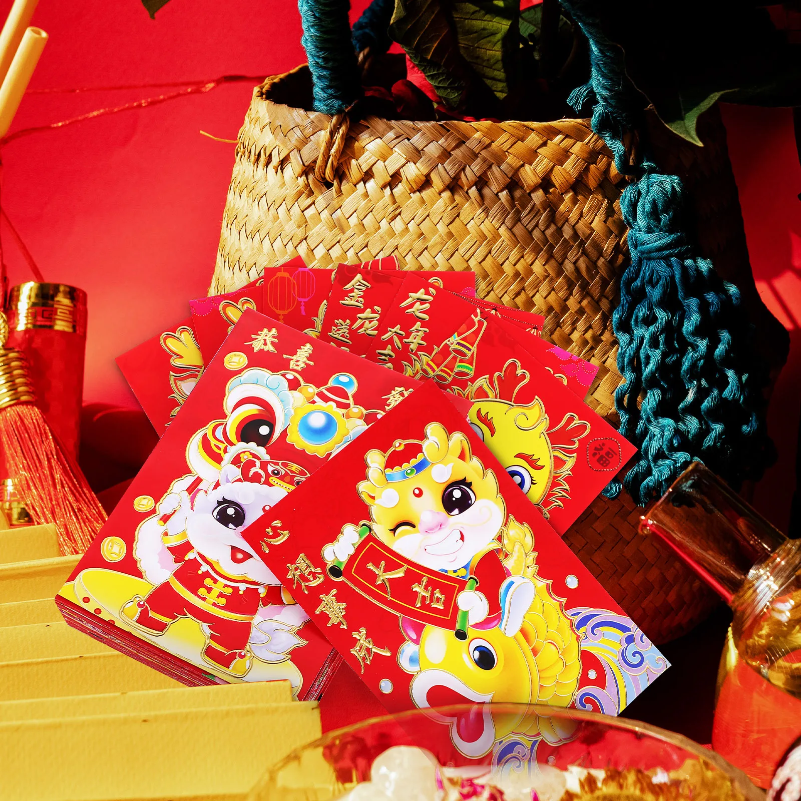 

60Pcs Chinese New Year Red Envelopes Cartoon Dragon Design Self-Sealing Red Pockets Spring Festival Luck Money Bag