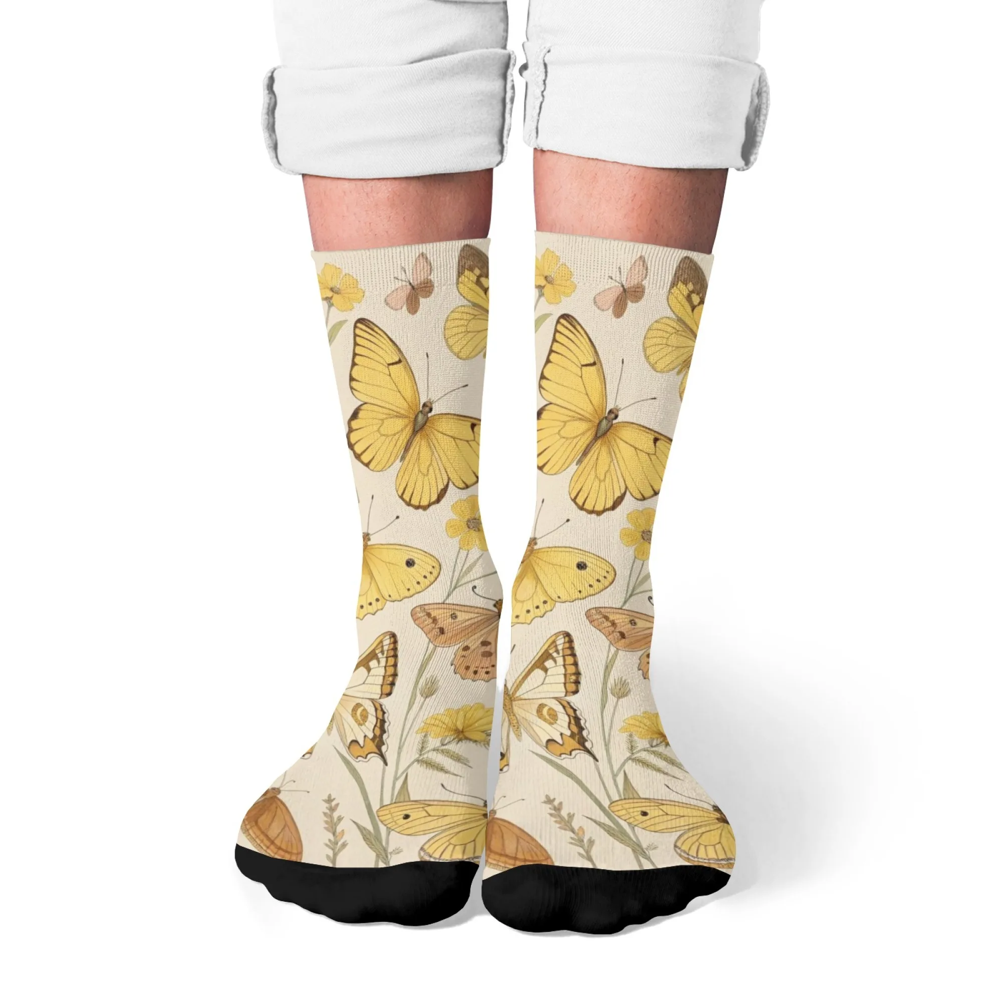 Meias femininas com estampa de borboleta e floral, novidade casual, clássicas, retrô, hip-hop, personalidade, arte