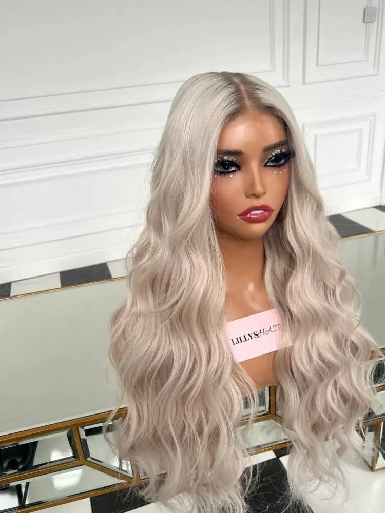 باروكة نسائية طويلة الطول موجة الجسم الاصطناعية HD الدانتيل الجبهة الباروكات تسليط الضوء على الشظية رمادي شقراء غلويليس الباروكات حفلة يومية تستخدم 26" #4