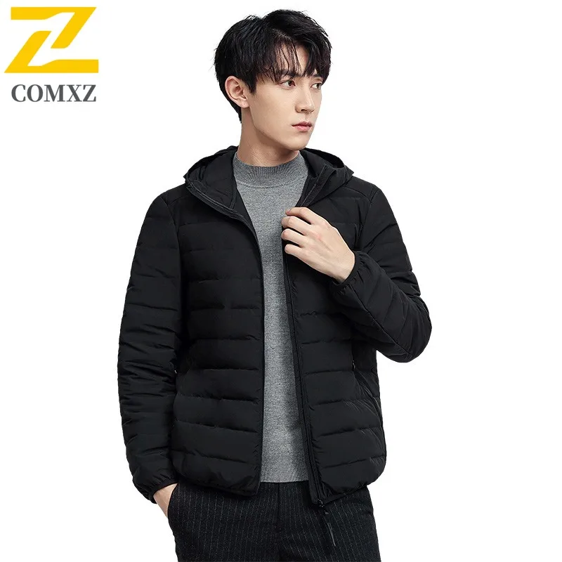 COMXZ Down Jacket Hooded Slim Fit Versatile Solid Color Warm Skiing Puffer Jacket Loose Minimalist Parker Coat Men's Clothing