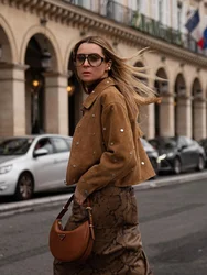 Jaqueta de camurça cravejada de rua alta para mulheres outono lapela casual jaqueta curta feminina sólida passeio motocicleta casacos outwears ﻿