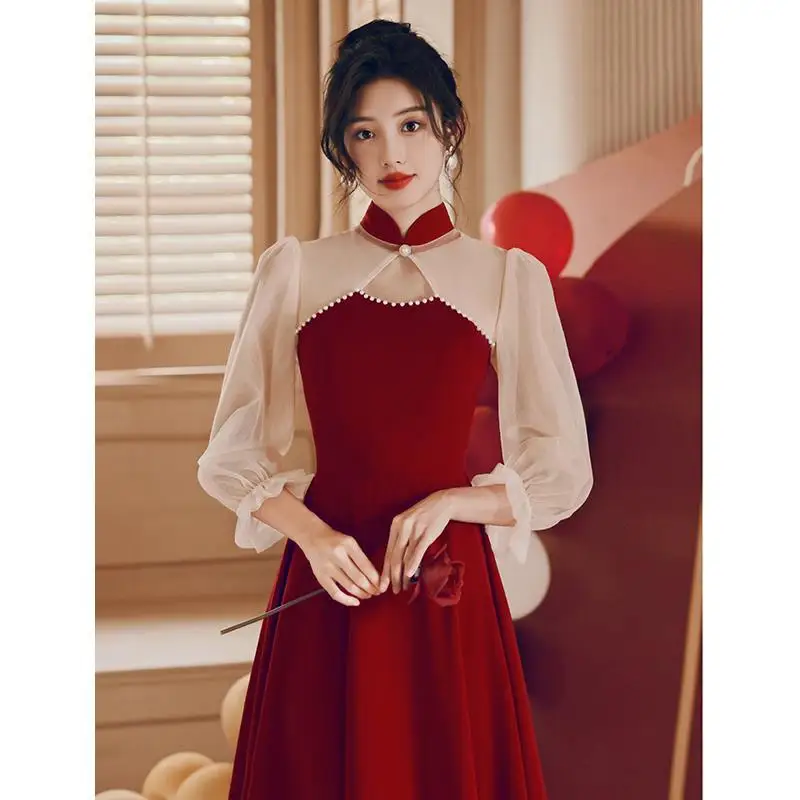 

Long Mesh Sleeve Qipao Sexy Hollow Out Collar Cheongsams Grace Burgundy Robe De Soiree A-Line Chinese Style Dress Vestidos