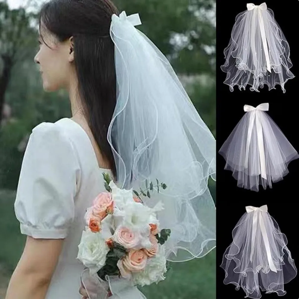 Korean Bridal Veil with Bow Hair Clip Headdress Bride Party Mesh Hairpin Simple Bridal Wedding Hair Accessories