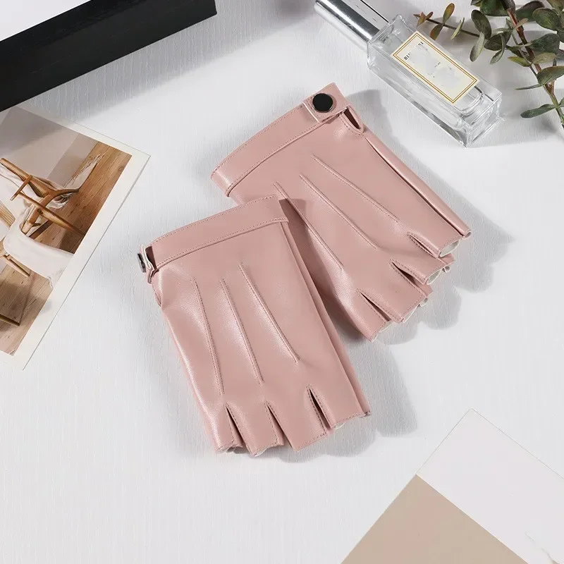 Multiple Colors Female Half Finger Leather Gloves Simple Fashion Girl Fitness Bike Riding Racing Non-slip Women Driving Gloves