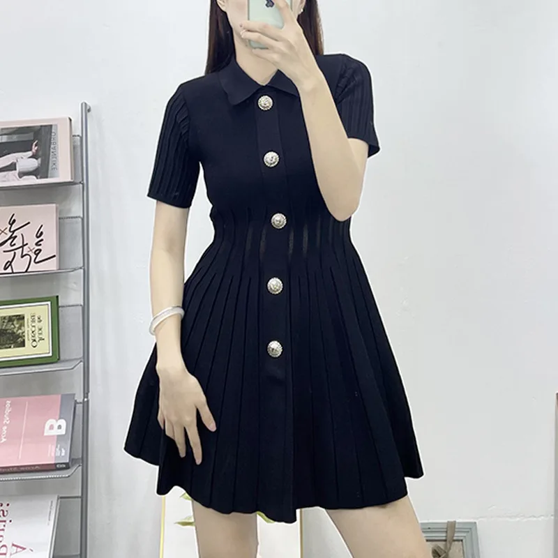 High Quality 2024 New Summer Elegant Turn-down Collar Lady Dresses Hepburn Metal Single-breasted Slim A-line Knitted Dress