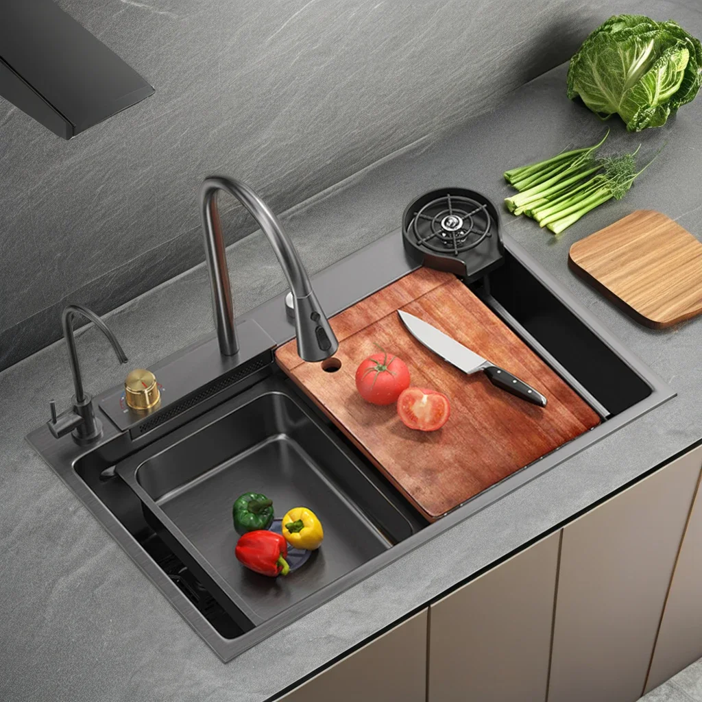 Multifunctional Anti-Scratch LED Digital Display Kitchen Sink Black Nano Workstation With Double Bowl Cup Washer