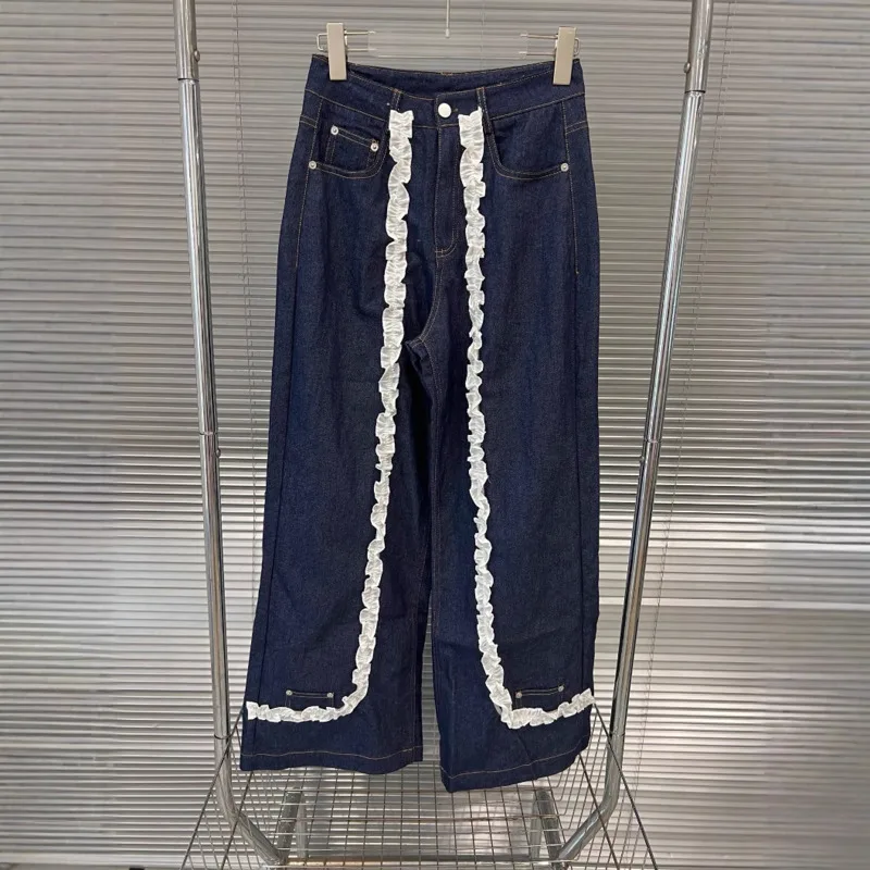 ANJY ฤดูใบไม้ร่วงใหม่ผู้หญิงหวานกางเกงยีนส์ Ruffles Patchwork DENIM Contrast สีตรง VINTAGE Elegant High Street Casual กางเกง A9604
