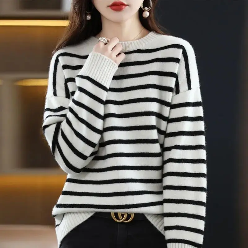 Sweaters Long Sleeve O-neck Ladies Patchwork Pullovers Women\'s Clothing Interior Lapping Printing Striped Autumn Winter Thin