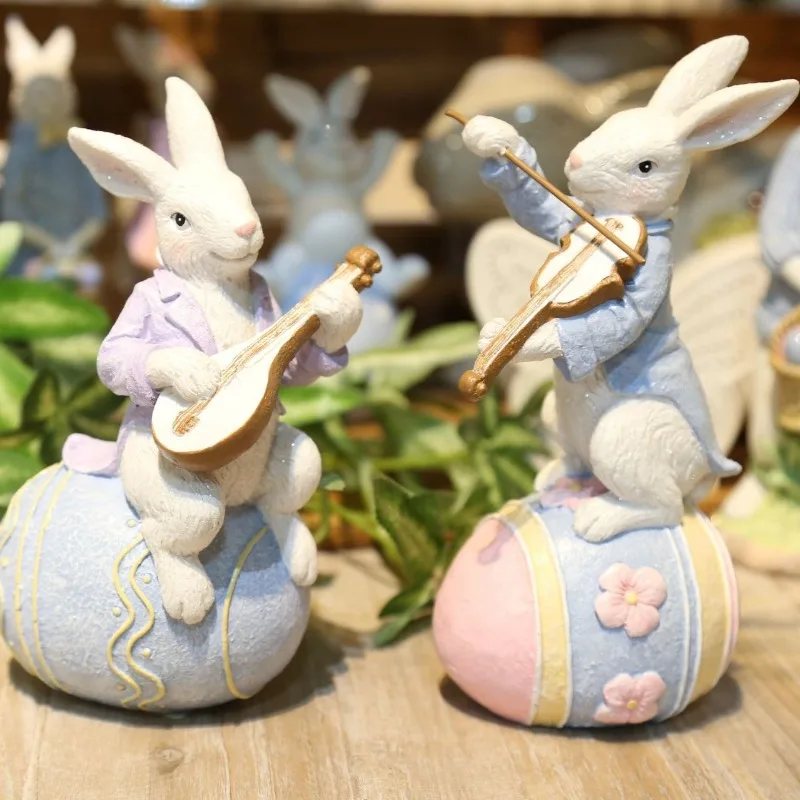 

Easter Bunny Resin Ornament Rabbit Playing Violin Easter Egg Decorations Animal Figurines Home Centerpiece Spring Festival Gift