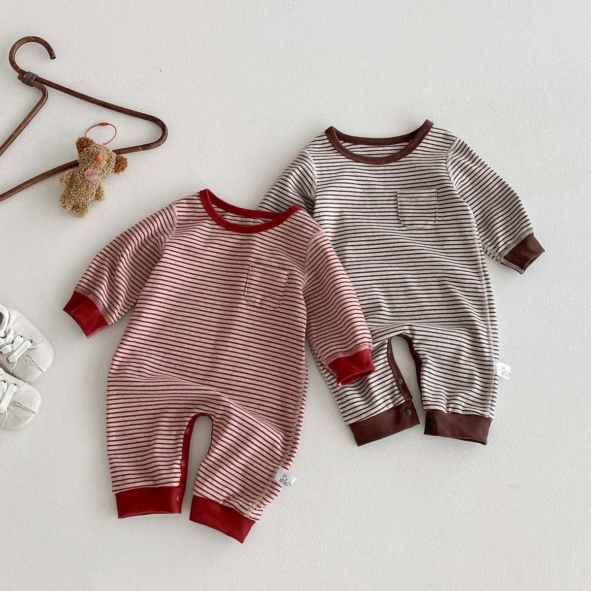 Korean Version Baby Spring and Autumn Style Boneless Long Sleeved Jumpsuit for Children's Boys and Girls, Striped Jumpsuit