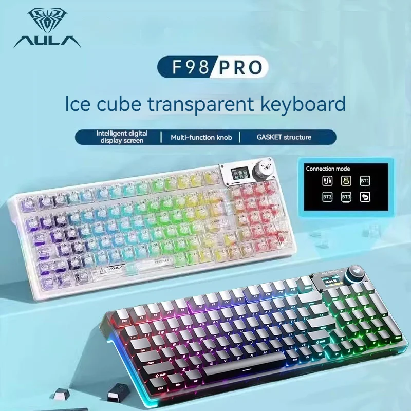 Aula F98 Pro Customized Tri Mode Bluetooth Wireless 2.4g Mechanical Keyboard With Screen Transparent Rgb Office Gaming Keyboard