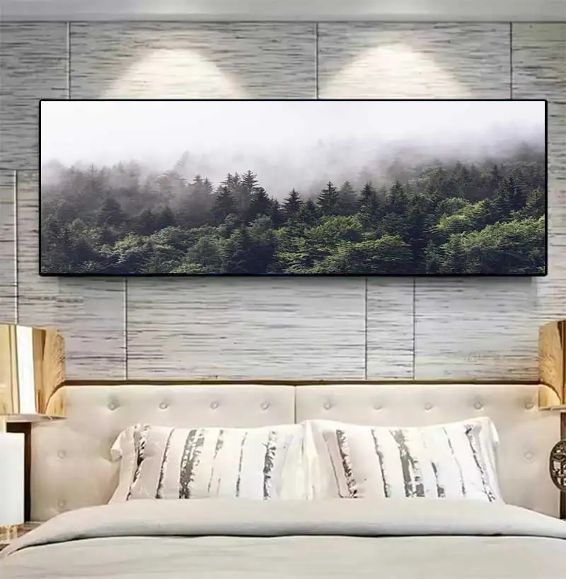 Nordic Decor Foggy Forest Landscape Wall Art Poster Canvas Art Print Forest Painting Wall Picture for Living Room