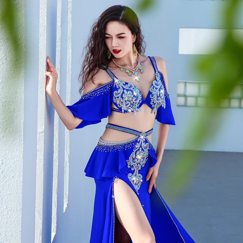 Belly Dance Costume Suit Women Senior Stones Bra+Satin Long Skirt Competition Oriental Performance Suit Bellydance Outfit