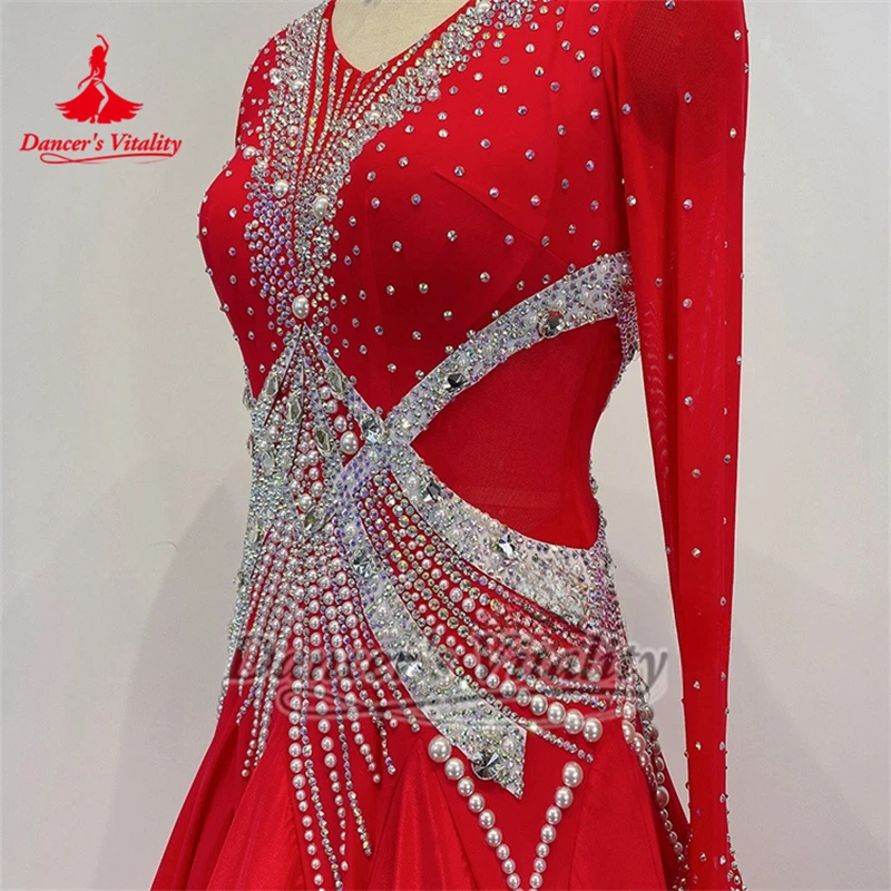 Volwassen Ballroom Dans Wals Hoogwaardige Parel Zijde AB Stenen Uitvoeren & Contest Grote Schommel Jurken Aangepaste Danser Vitaliteit