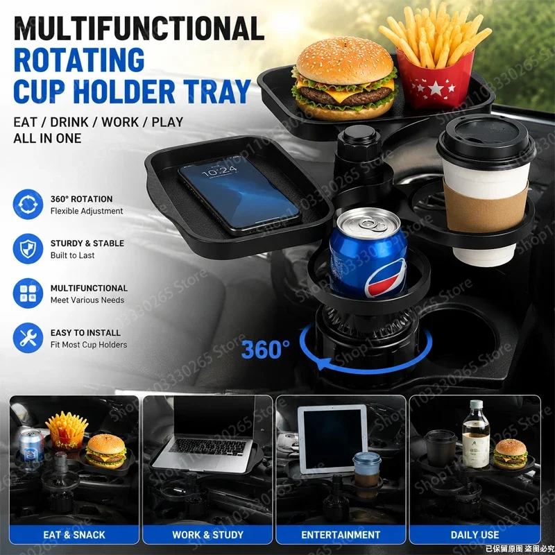 360° Rotating Multifunctional Car Cup Holder Tray with Phone Mount, Dual Cup Slots Food Snack Tray Fits Most Vehicle Cup Holders