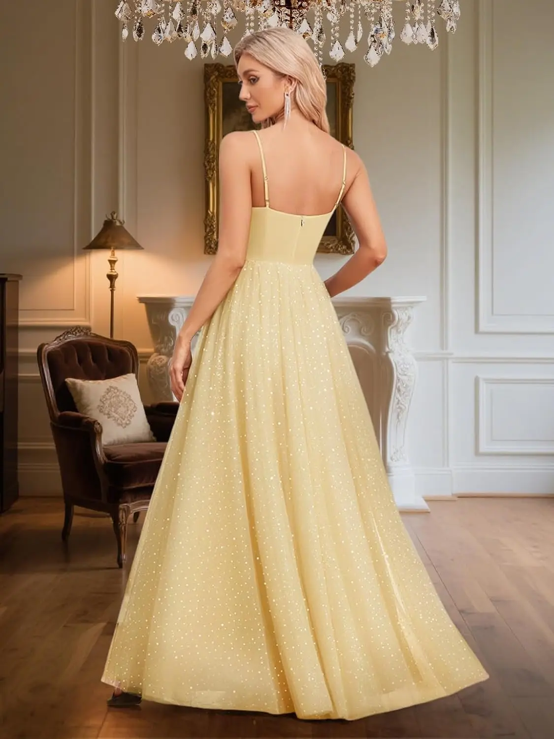 レディース キラキラドレス イブニングドレス グリッター スパゲッティストラップ チュール ハイウエスト Aライン ロング フォーマル イブニングドレス ドレス