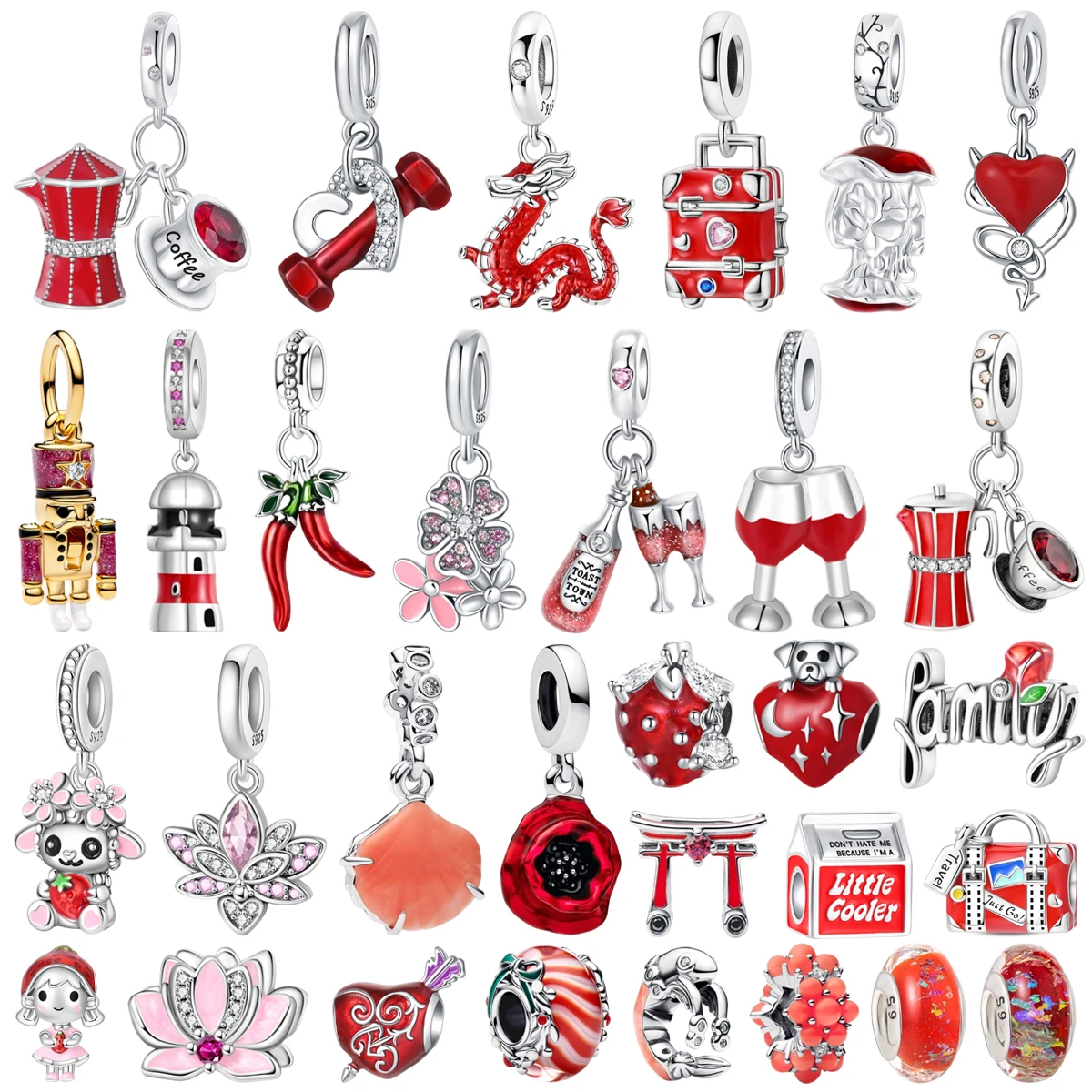 

925 Sterling Silver Red Glass Beads Pendants Strawberry Wine Glass Heart Chili Flower Dragon Series Inlaid fit Bracelet Jewelry