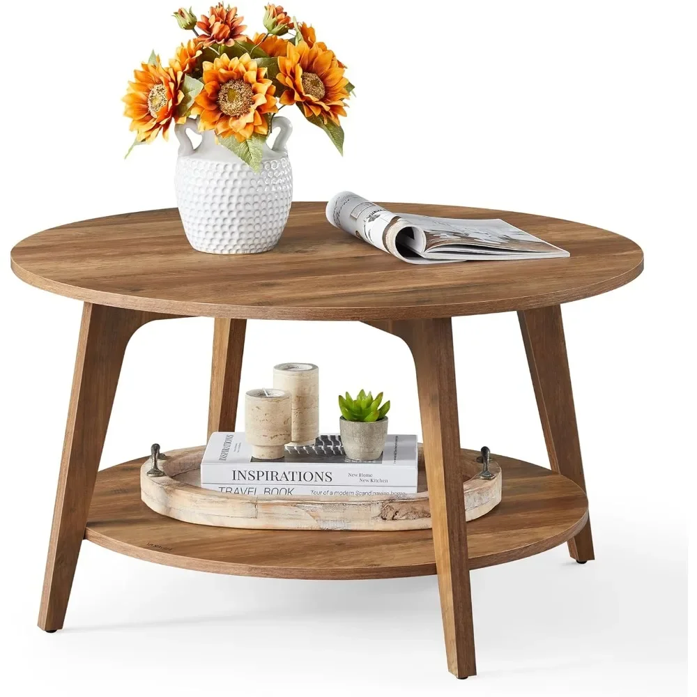 

Round Coffee Table - 2 Tier Design with Storage for Living Room - 31.5 x 17.7 Inches - Easy to Assemble - Honey Brown