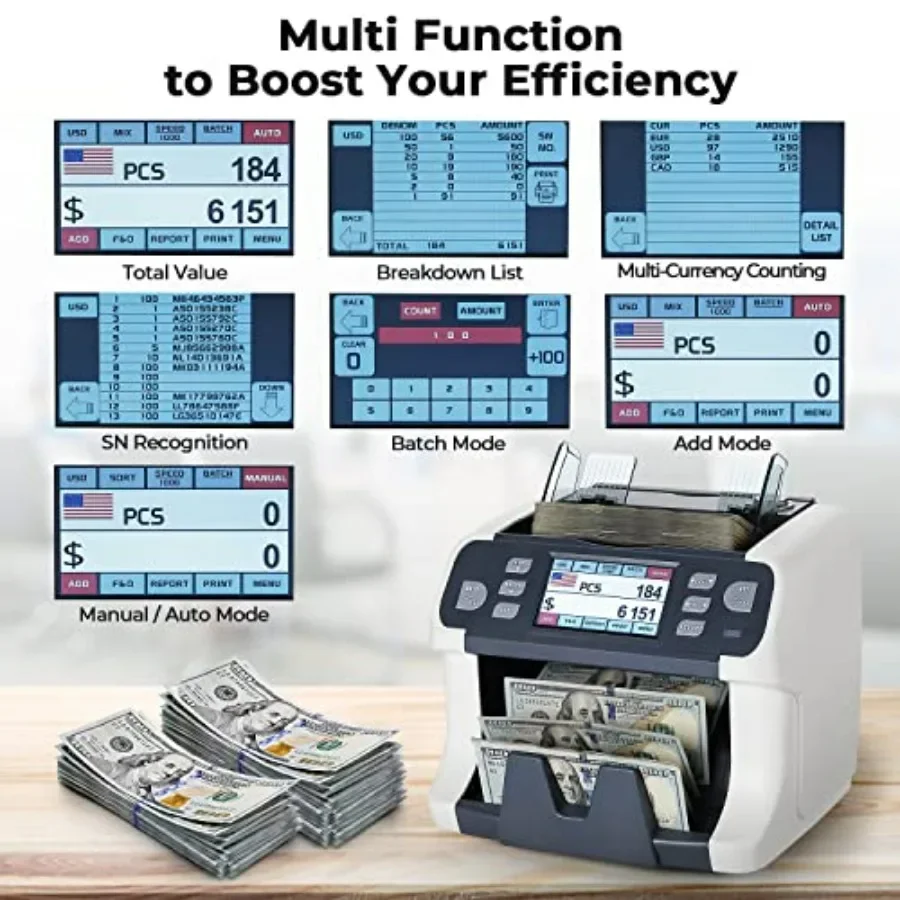 사업용 지폐계수기: 혼합 mệnh액 및 다중 통화(USD, 유로, CAD, MXN 포함) 계수 지원
