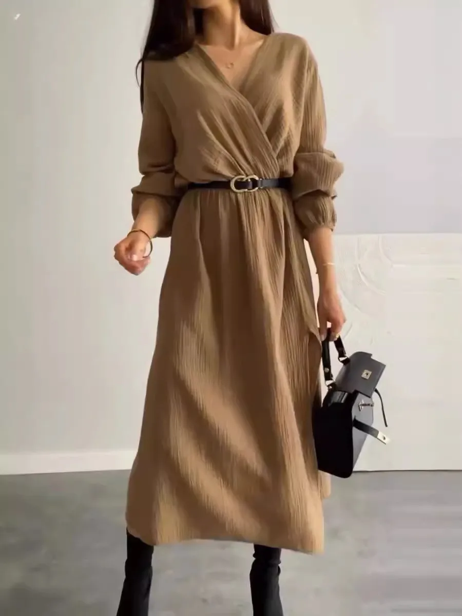 Long Sleeve Slit Dress High Waist Commuter Chic with Pullover Autumn Single a Line Elegant and Refined V Neck Women Dress