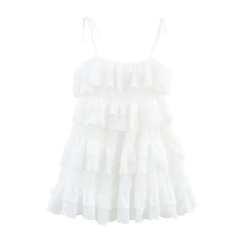 Vestido Curto F Verão 2025 com Alças Bordadas, Decoração em Camadas, Estilo Bolo, Cintura Alta, Estilo Doce