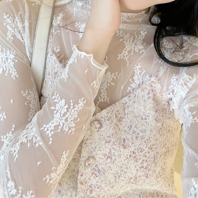 Women Half High Collar Mesh Bottomed Blouse T-shirt Lace Ear Edge Spring and Autumn Western-style Hollow Long Sleeve Lace Top