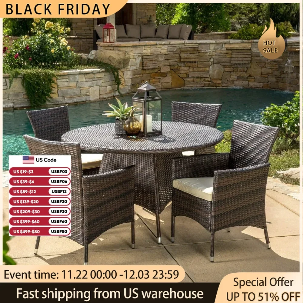 Outdoor Furniture with all-weather brown wicker set，5pc includes 4 armchairs and 1 round table, Multibrown outdoor table