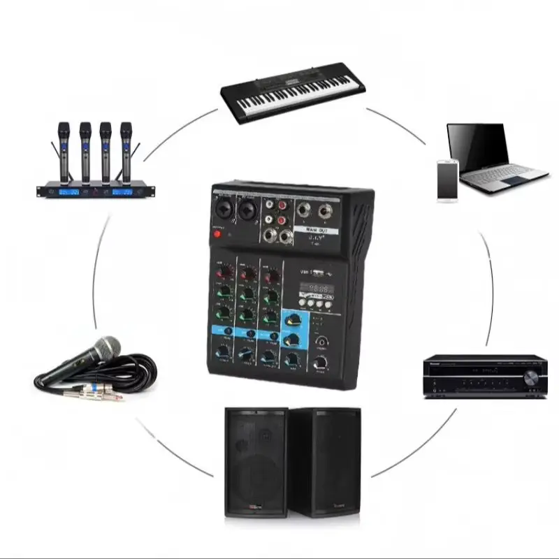 Afbeelding 7: Professionele 4-kanaals mini-mixtafel met reverb-aanpassing, USB, Bluetooth, hoofdtelefoonmonitoring, DJ-stage performance controller