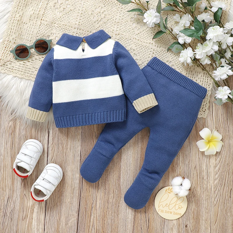 Newborn Baby Clothes Sets Knitted Kid Pullover Trousers Fashion Striped 0-9M Infant Boy Sweater Long Sleeve Pants Foot Wrap Warm