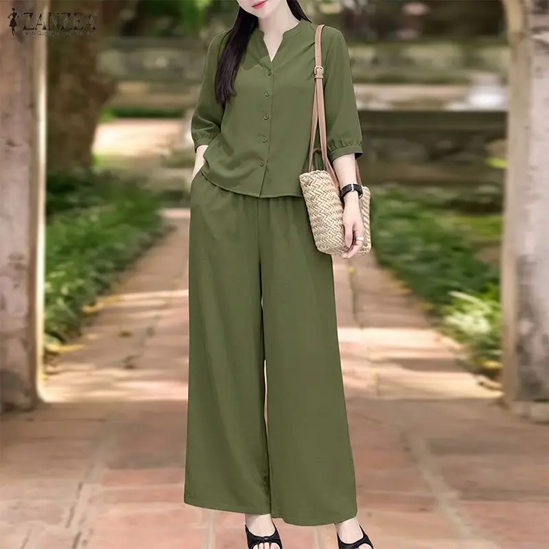 ZANZEA Fashion Summer 2PCS Women Pants Sets Two Piece Outfits V Neck 3/4 Lantern Sleeve Blouse Wide Leg Pants Blusas Streetwear