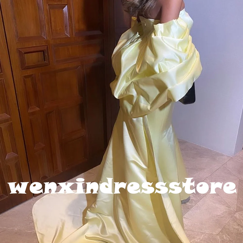 Yellow Satin Floor Length Straight Short Sleeves Off the Shoulder Pleats Quinceanera Dress Pleats Court Train Party Gowns Formal