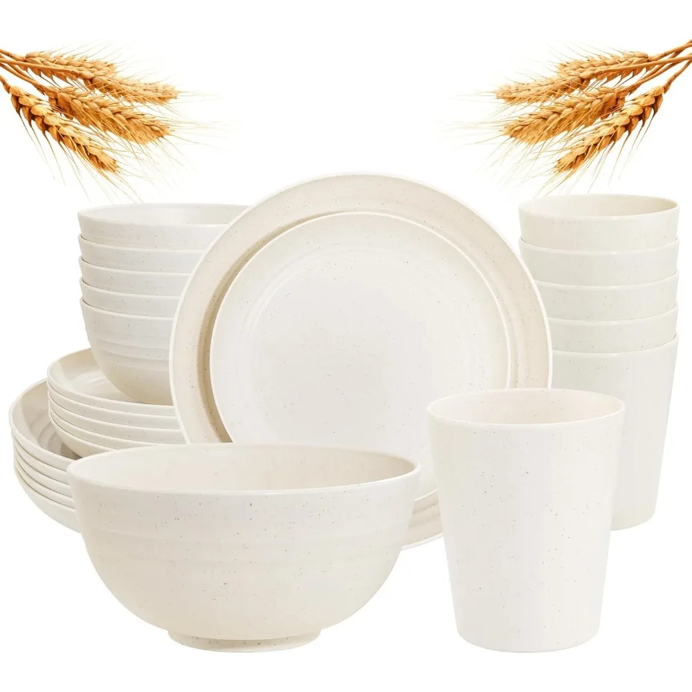

24-Piece Wheat Straw Dinnerware Set: Unbreakable, Microwave & Dishwasher Safe Plates, Bowls & Cups for Parties (Beige)