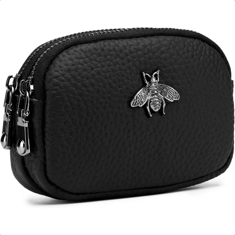 

Women Leather Coin Purse Small 2 Zippered Change Pouch Wallet