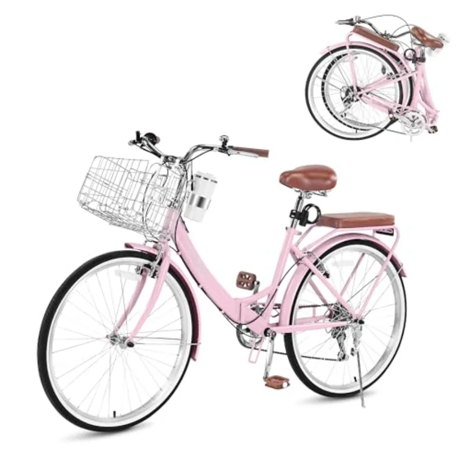 

Beach cruiser bike for commuting, aluminum frame, matte black, foldable design with 7-speed gearing, adjustable seat and dual V