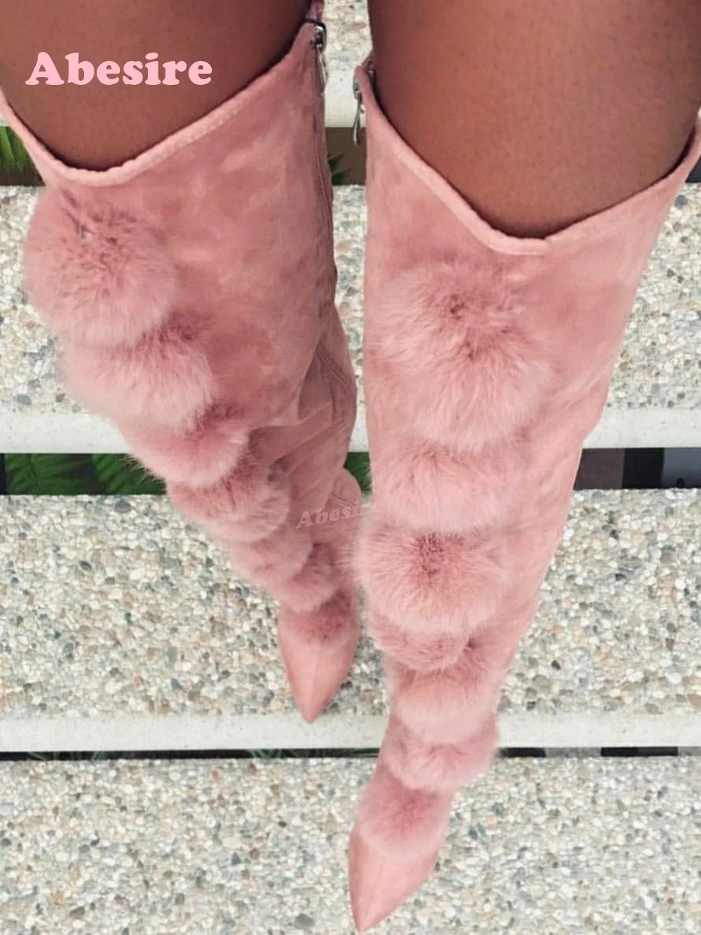 

Pink Balls Fur Over The Knee Boots Side Zipper Pointy Toe Stiletto Heels Suede Women's Long Boots Luxury 2025 Warm Shoes Sexy
