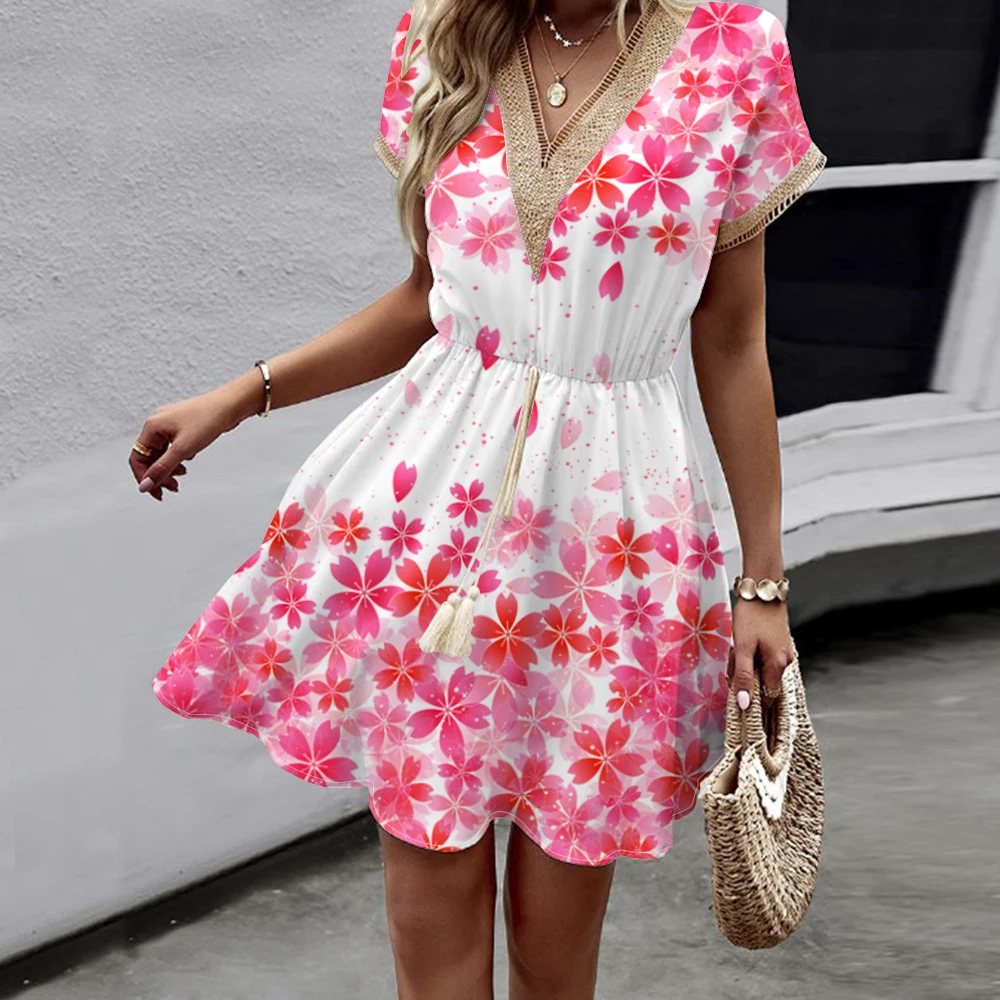 2024 Nowa europejska i amerykańska wiosna/lato z nadrukiem Rękawy nietoperz Koronkowa sukienka z krótkim rękawem i dekoltem w szpic średniej długości