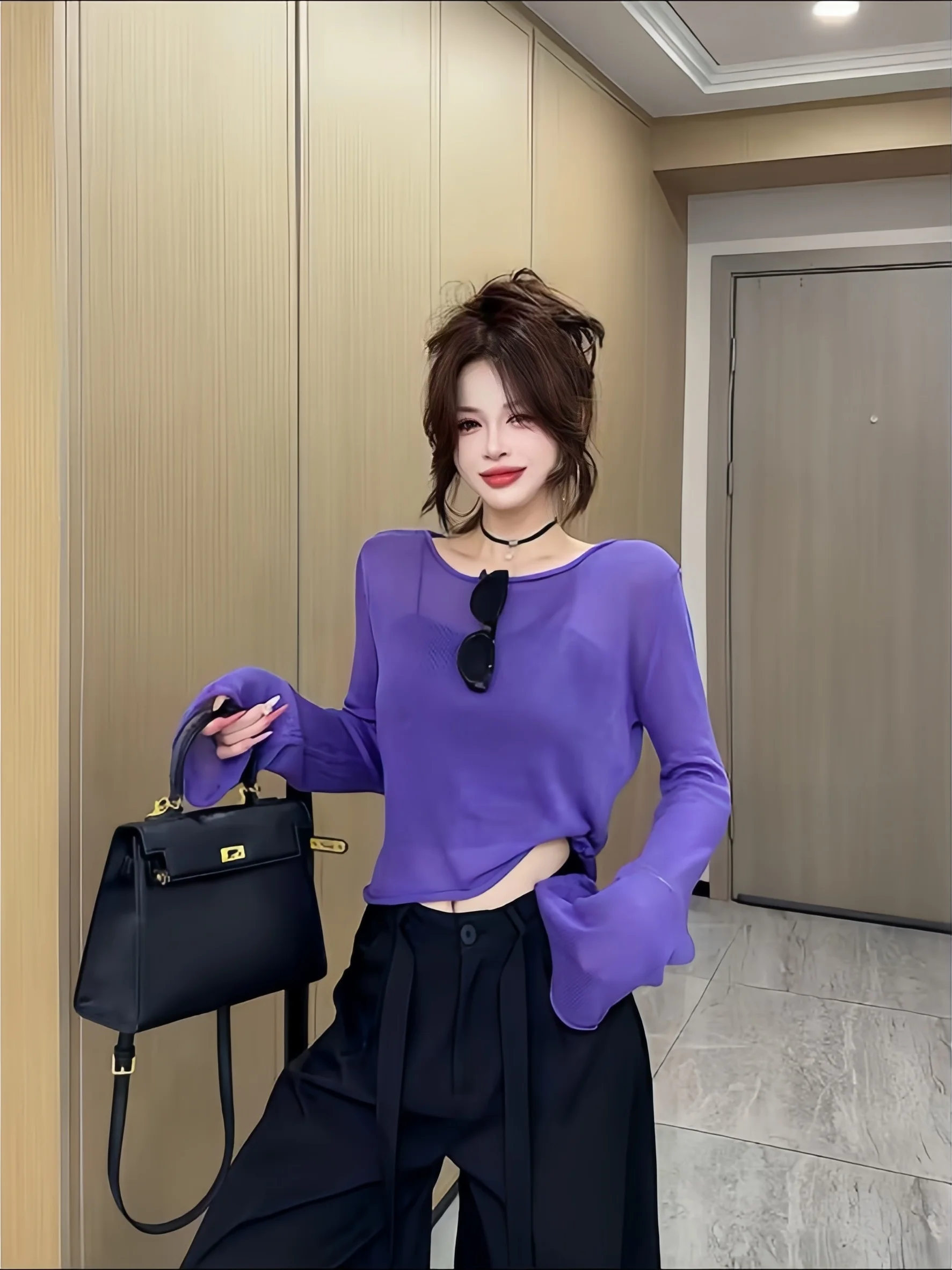 Loose Fit Long Sleeve Knitted T-Shirt Women's Early Autumn Style Lazy Loose Feeling Bell Sleeve Lightweight Sun Protection Top