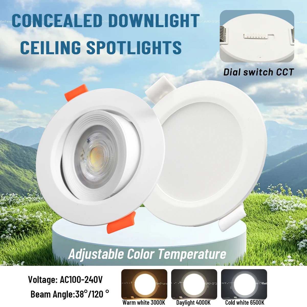 10pcs CCT Spot Downlight Recessed LED Ceiling Light 3 Color Adjusted AC100-240V Dial Swich 3000K/4000K/6500K Indoor Lighting