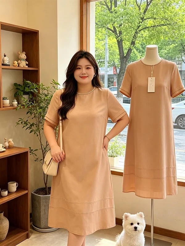 

plus Size Casual Color Short Sleeve Dress Women's Summer New Loose Meat Covering Skirt Korean Style A-Line Dress