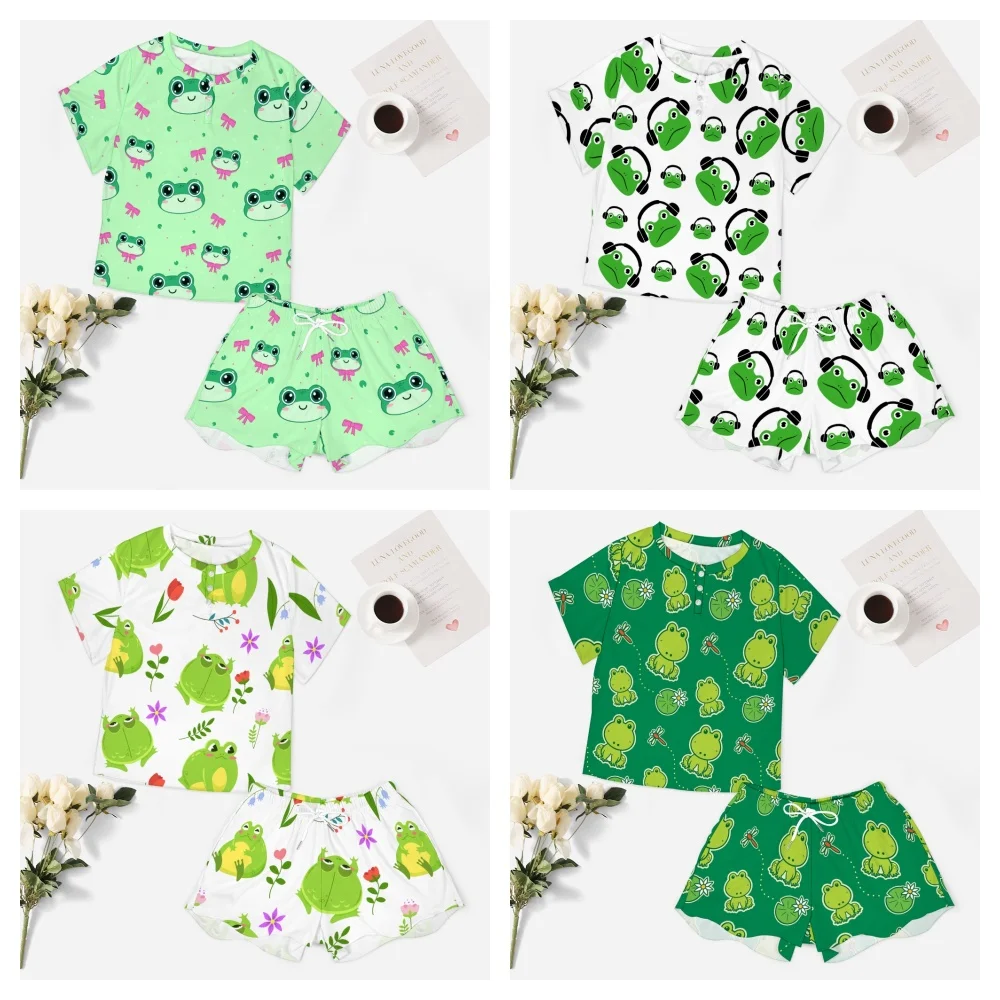 Cute Frogs Pattern Women\'s 2-Piece Button Down Short Sleeve Button Front Sleepwear Loungewear PJ Set Summer Home Suit