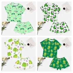 Cute Frogs Pattern Women's 2-Piece Button Down Short Sleeve Button Front Sleepwear Loungewear PJ Set Summer Home Suit